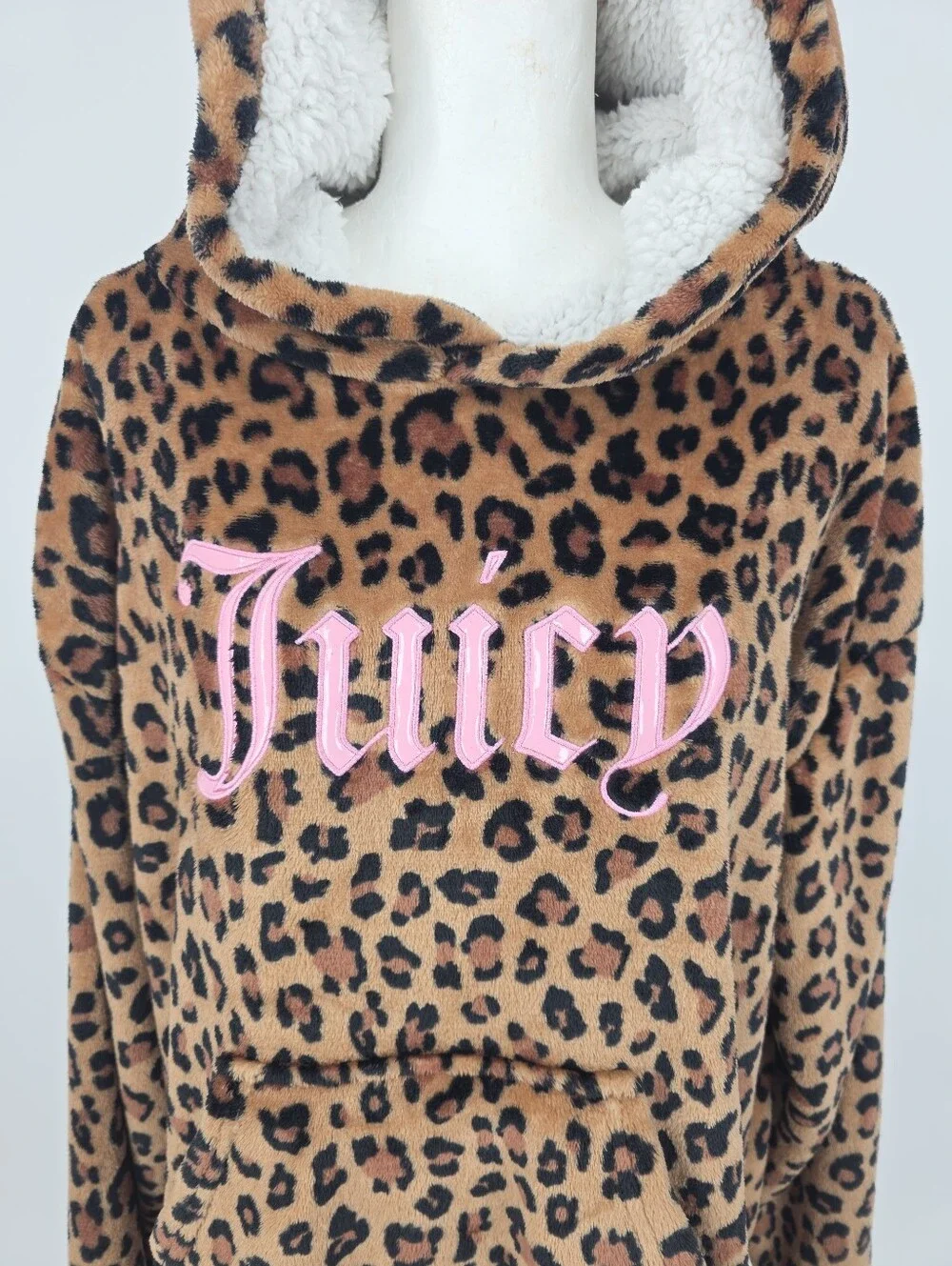 Juicy Couture S/M Leopard Print Plush Hooded Sleepwear Sherpa Lounge Dress